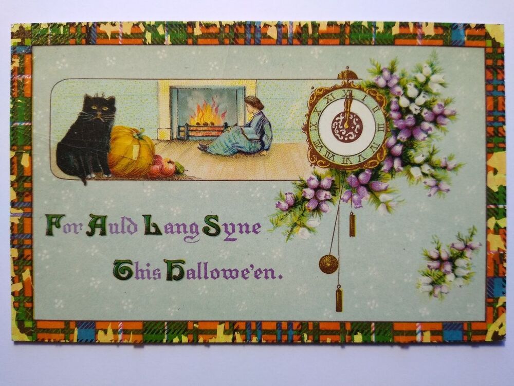 Vintage 1907 Halloween Postcard Black Cat, Clock & Fireplace Scene Flaking Gel
